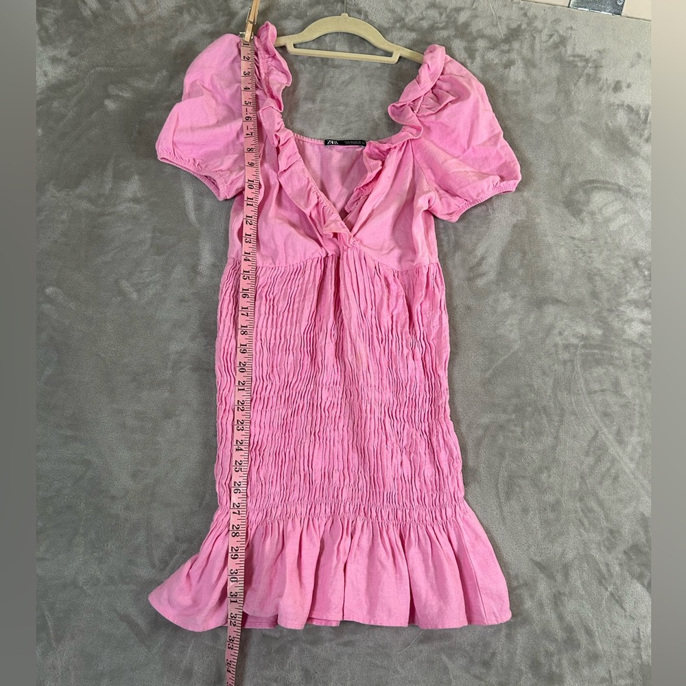 Zara pink smocked linen mini ruffle dress - Picture 5 of 10